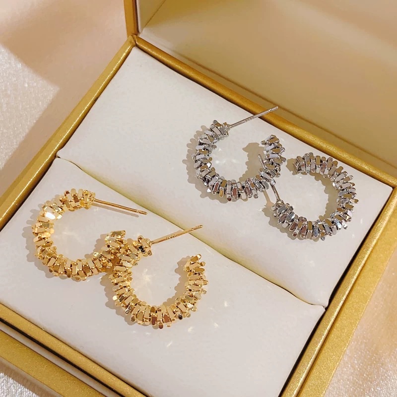 新款碎银子耳环s999纯银耳圈高级感C圈耳钉冷淡风爆款耳饰耳饰饰品