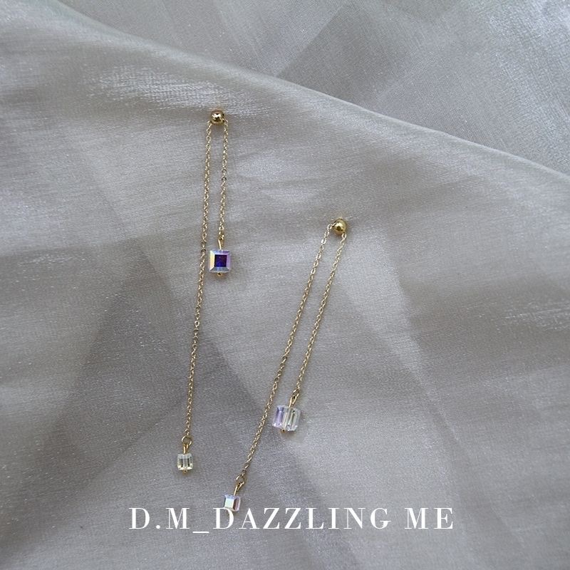 233 Xiaoqing Austrian Shi Family Aurora Cube Sugar Crystal Earrings and Earrings, adjustable ear line, long style, no ear holes details Picture