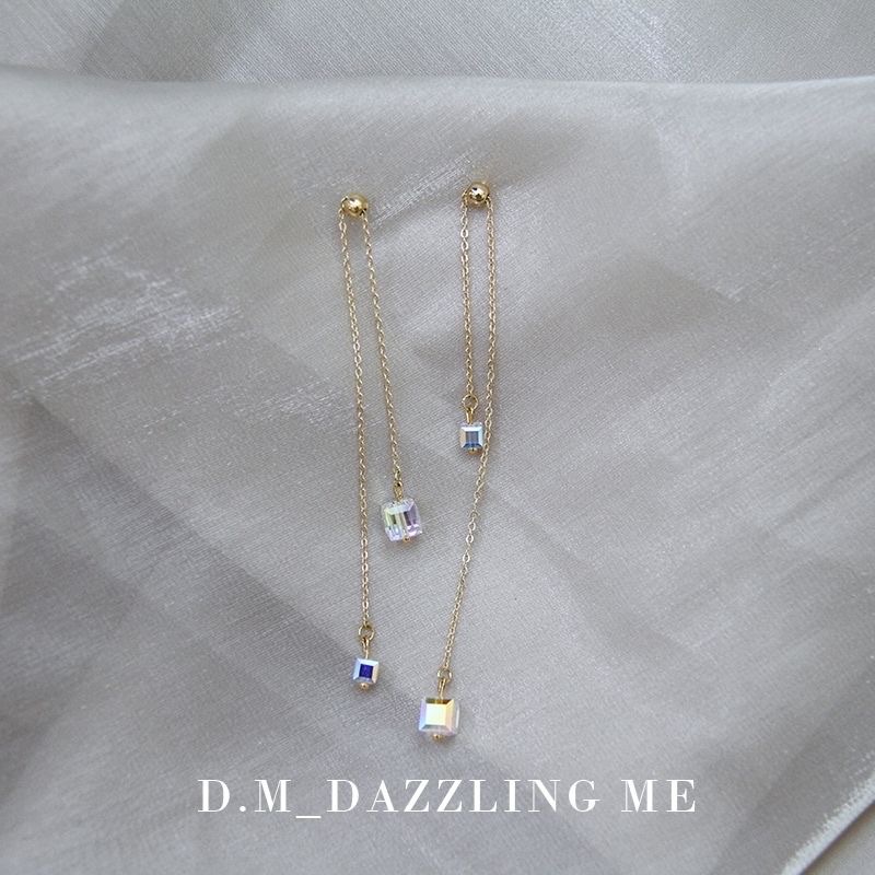 233 Xiaoqing Austrian Shi Family Aurora Cube Sugar Crystal Earrings and Earrings, adjustable ear line, long style, no ear holes detail image 3