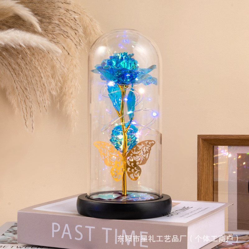 玻璃罩金箔花led玫瑰花 情人节创意礼品发光永生花桌面摆件礼物 肥皂花香皂花永生花礼品细节图