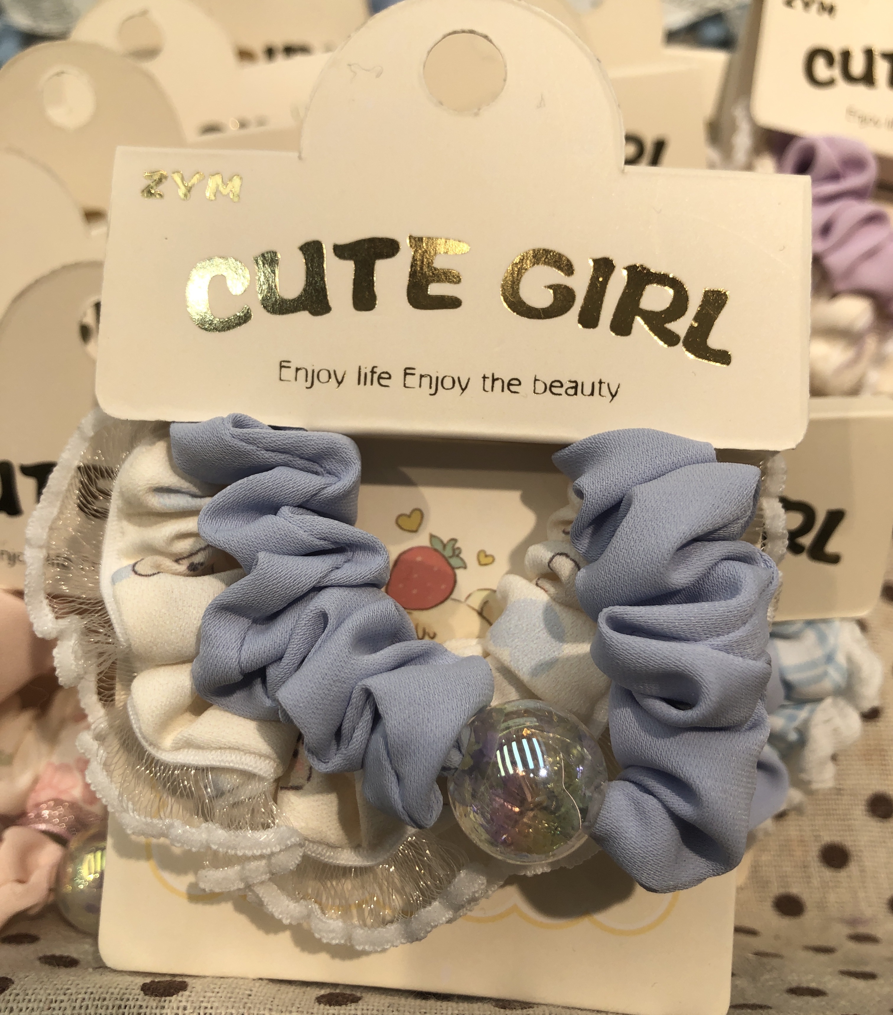 Korean-style mesh fringed small intestine hair band, iridescent pearl beige apricot pink color gentle fairy elastic hair band Item Picture