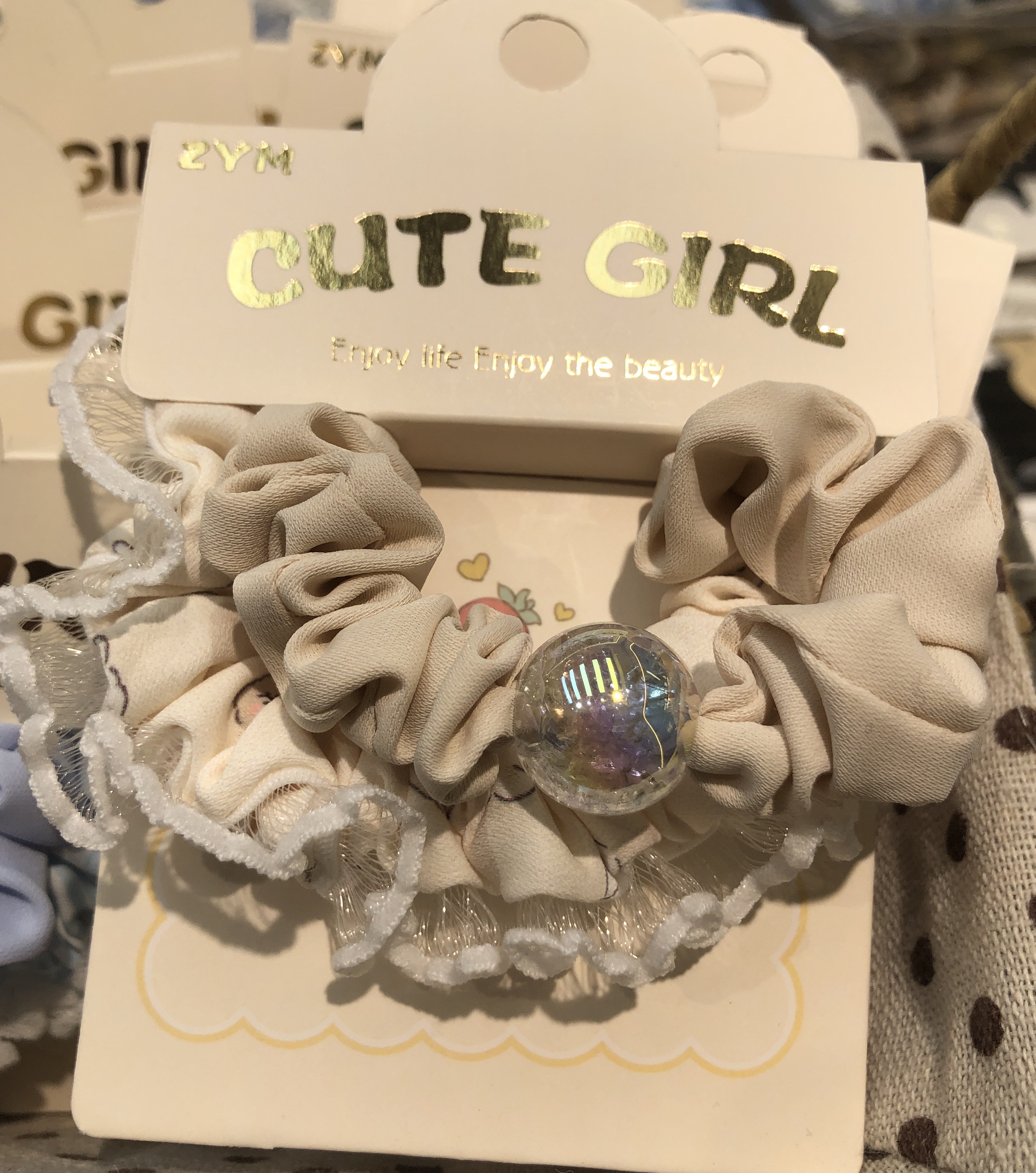 Korean-style mesh fringed small intestine hair band, iridescent pearl beige apricot pink color gentle fairy elastic hair band Specification image