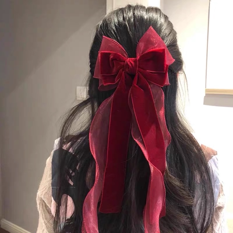 2024秋冬精品欧根纱大蝴蝶结飘带儿童发夹女童顶夹公主小女孩发饰蝴蝶结发夹