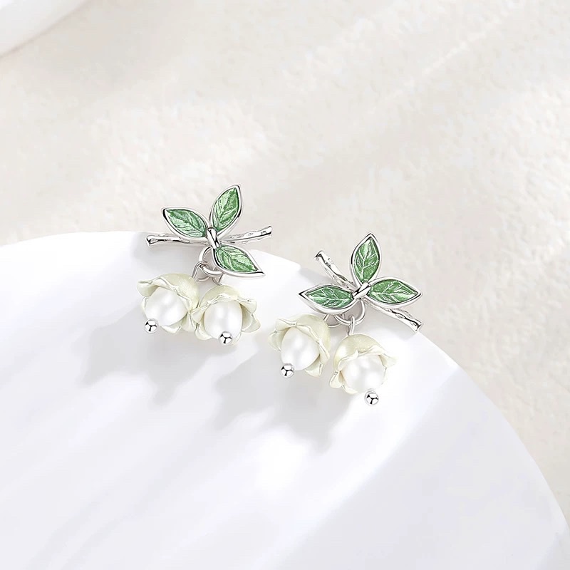 铃兰花耳环女纯银新款珍珠耳坠小众设计轻奢高级感耳钉生日礼物