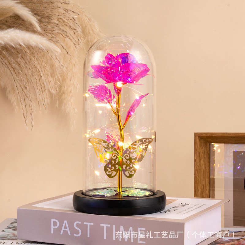 玻璃罩金箔花led玫瑰花 情人节创意礼品发光永生花桌面摆件礼物 肥皂花香皂花永生花礼品产品图
