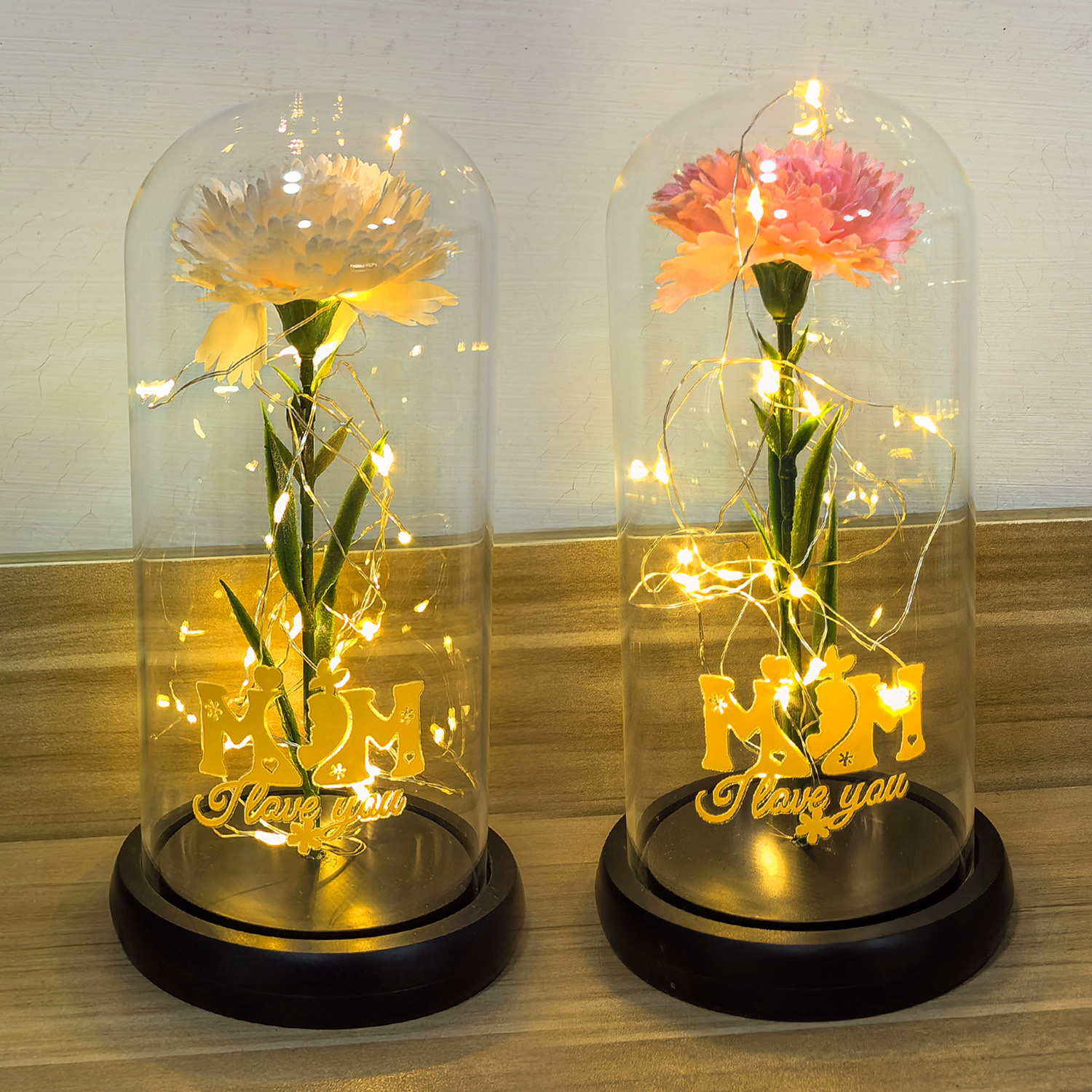 三朵康乃馨玻璃罩摆件 创意母亲节礼物仿真花LED发光小礼品 批发 手工玻璃制品手