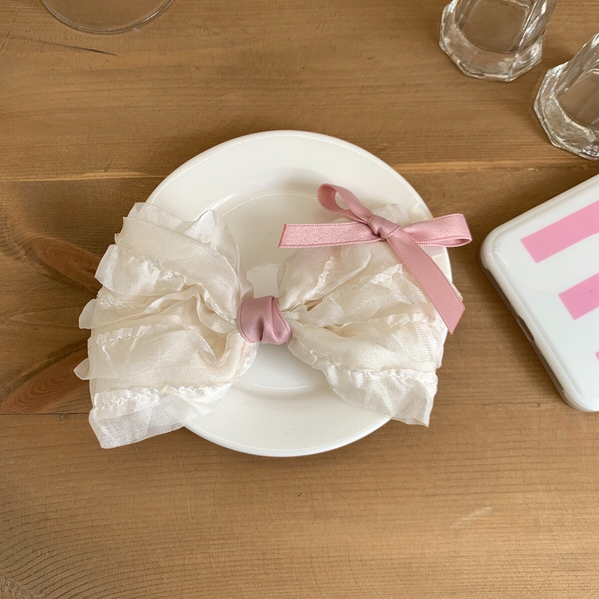 Bow hair clip, cream strawberry pink series, gauze, girlish style, ribbon, internet-famous hair accessory, bow hair clip, hair accessory, headwear