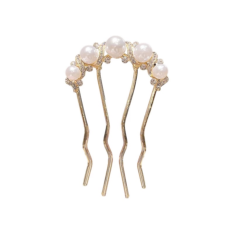 发簪u型盘发神器发钗簪子女珍珠四齿插梳u型夹丸子头发插发梳发夹发钗