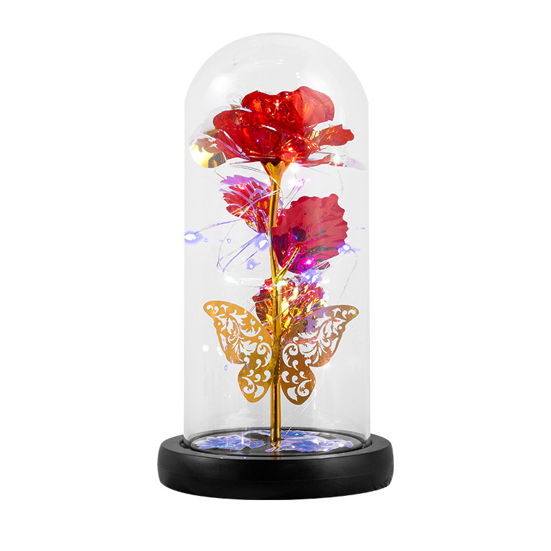 玻璃罩金箔花led玫瑰花 情人节创意礼品发光永生花桌面摆件礼物 肥皂花香皂花永生花礼品白底实物图
