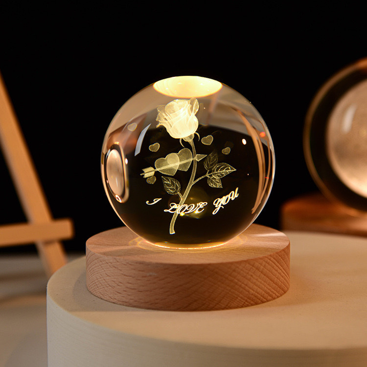 Rose crystal ball 3D inlaid luminous ball desktop decoration, Women's Day gift crystal ball crystal detail image 2