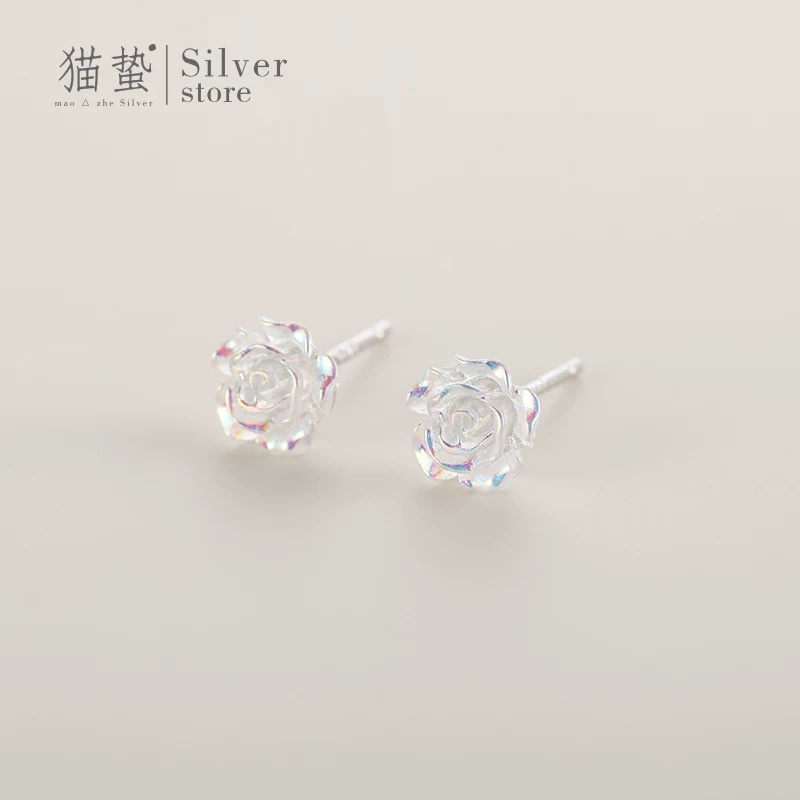 猫蛰S925耳钉女纯银针小众设计幻彩感白玫瑰花网红洋气养耳洞耳饰