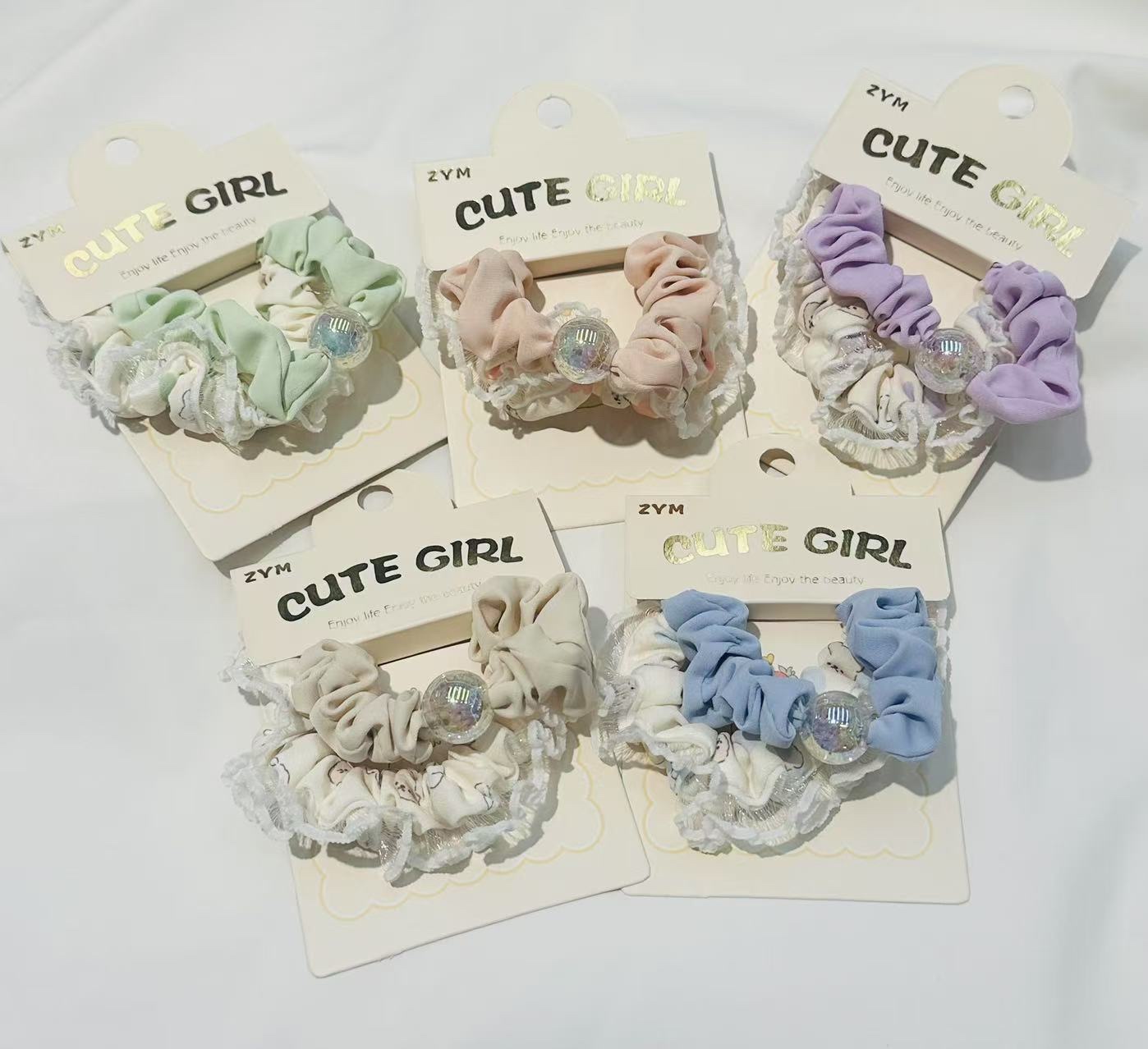 Korean-style mesh fringed small intestine hair band, iridescent pearl beige apricot pink color gentle fairy elastic hair band