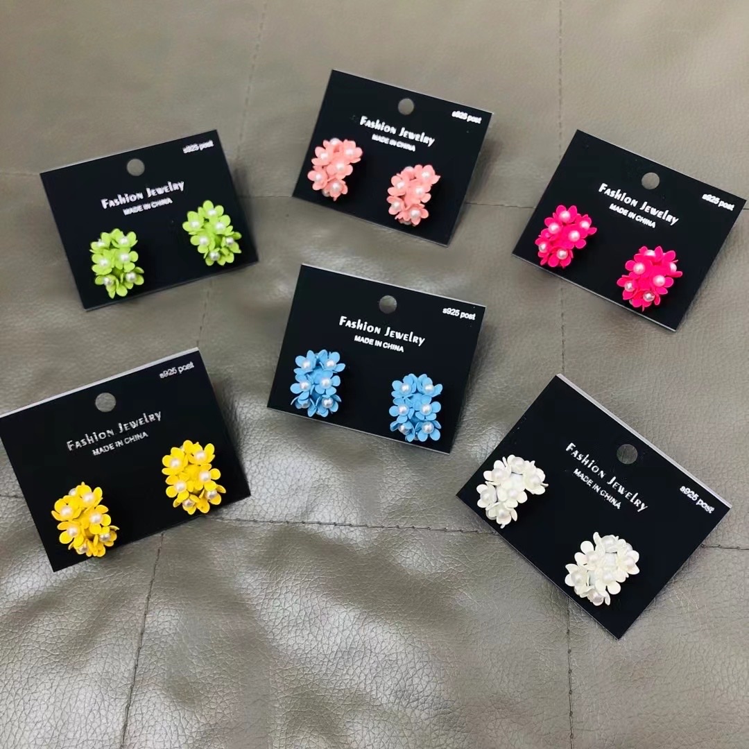 珍珠喷漆925银针花朵耳钉饰品耳饰