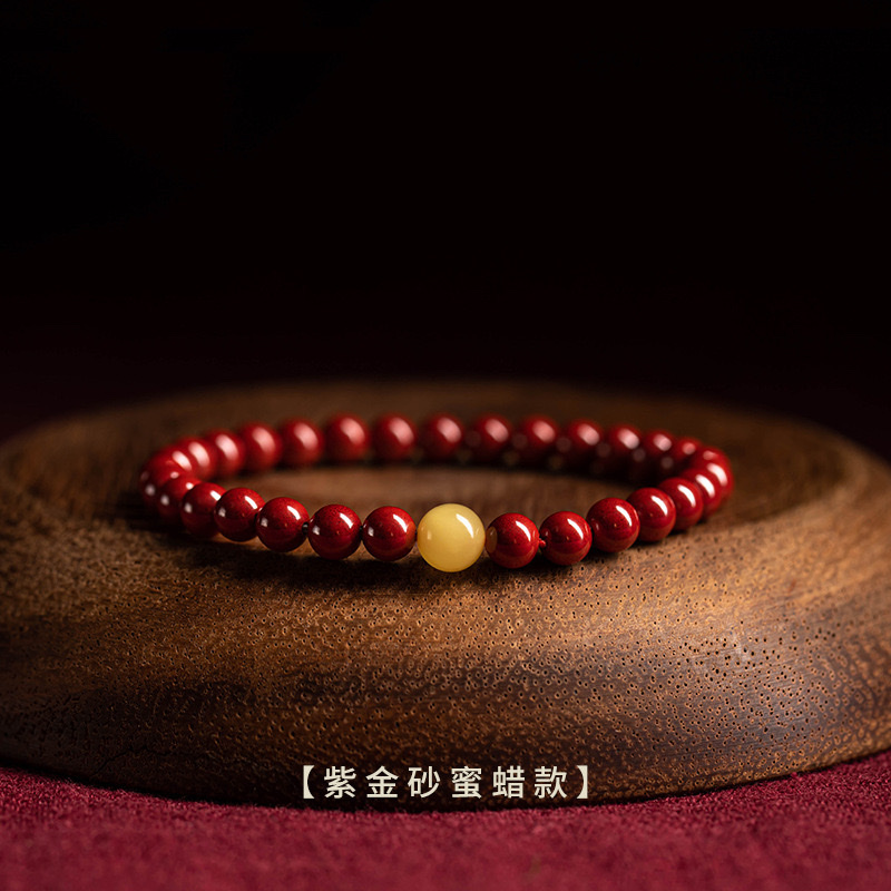 国潮原矿高含量朱砂手串男女款天然蜜蜡松石紫金砂本命年情侣手链佛珠 手链详情3