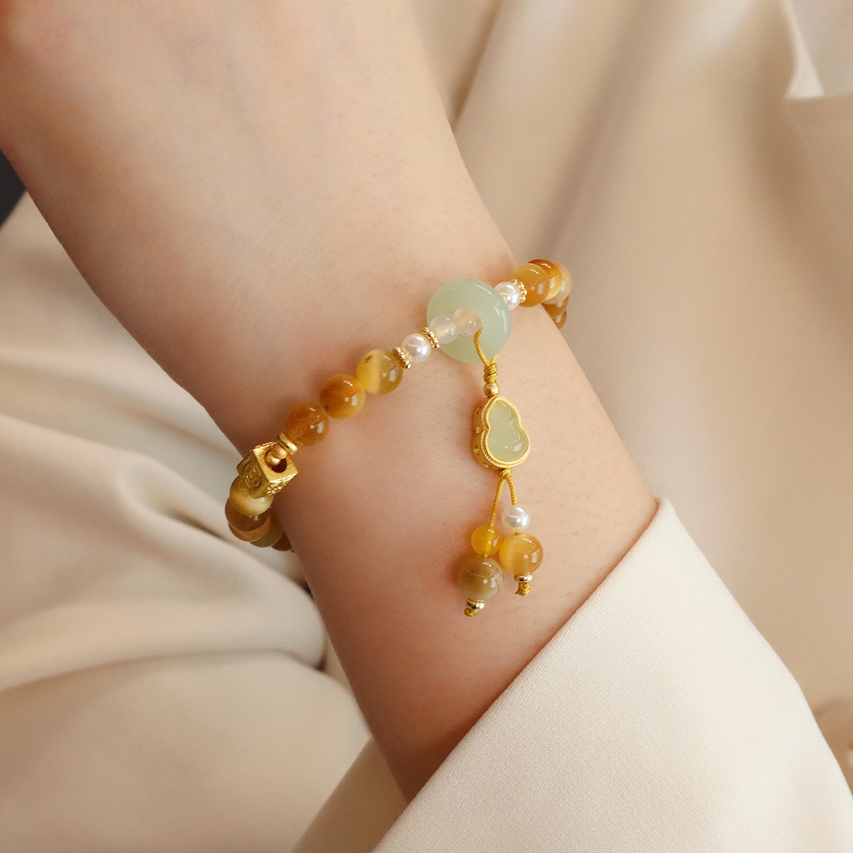 天然金虎眼石碧玺手串新中式国潮和田玉葫芦吊坠新中式招米米手串 详情图3