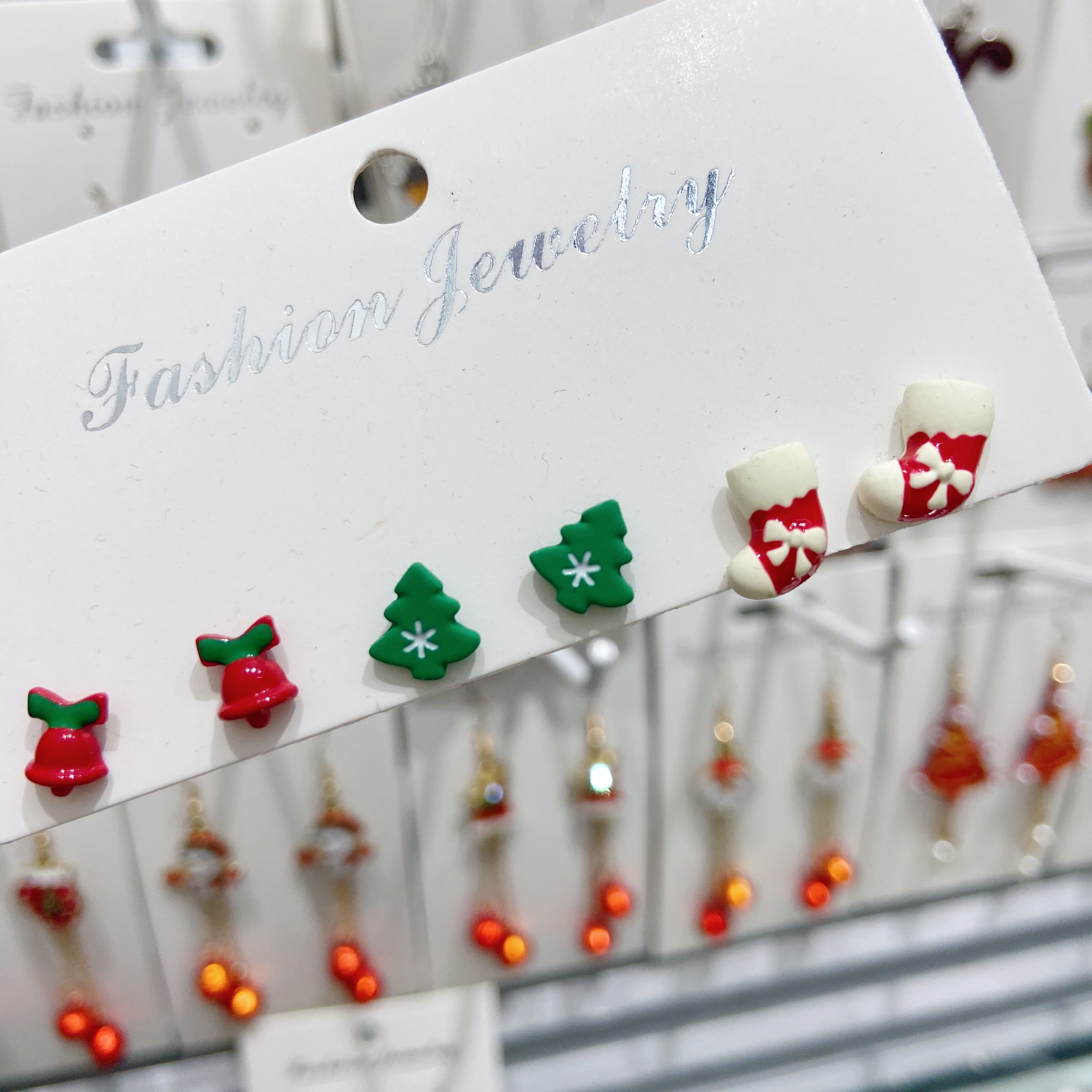 跨境电商外贸圣诞铃铛袜子圣诞树三对耳钉套装百搭小巧耳环耳饰饰品