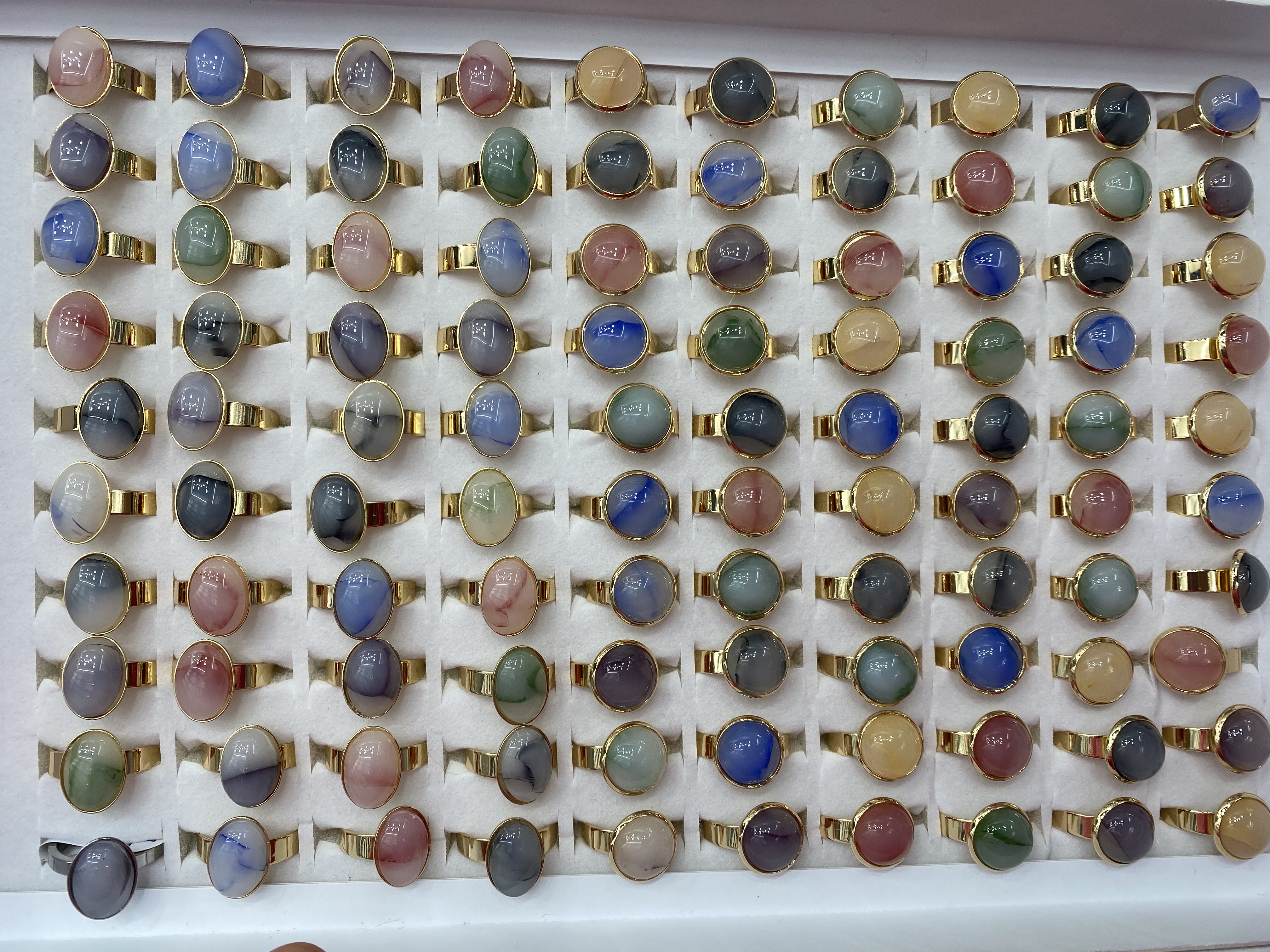 新款12mm圆形天然石戒指女活口开口可调节不绣钢配件学生小饰品 钛钢戒指