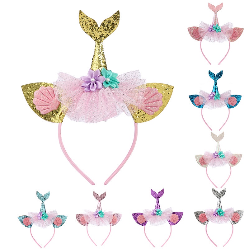 彩虹美人鱼发箍欧美儿童派对发饰公主美人鱼网纱花朵动物发饰欧美儿童 独角兽发箍猫耳朵铁发箍 三层蝴蝶结独角兽生日 派对发饰