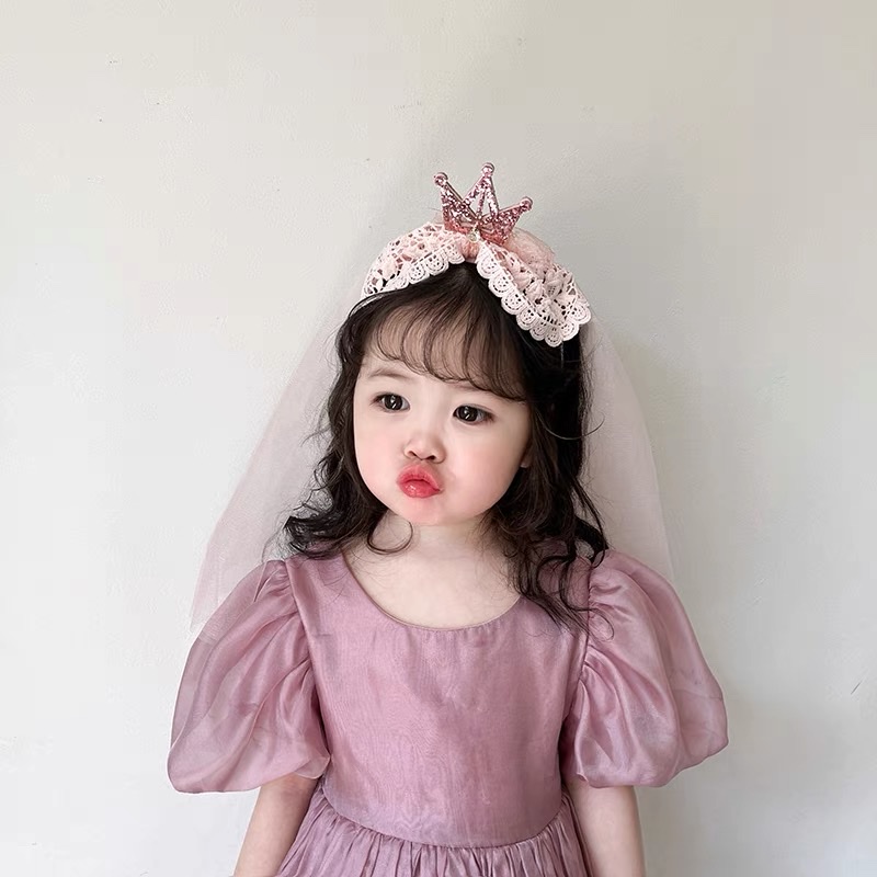 儿童生日派对皇冠发箍复古蕾丝公主亮片女童披纱表演花童头纱发饰详情图2