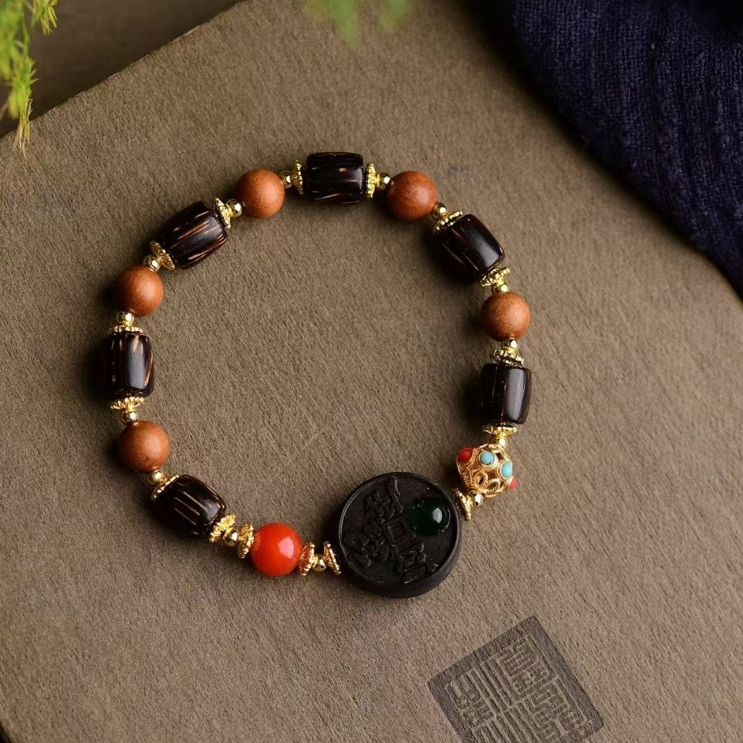 新款原创手串，8mm芭比檀搭配金星沉通知，沉香木雕刻 多样性手串手链 古风木质手链产品图