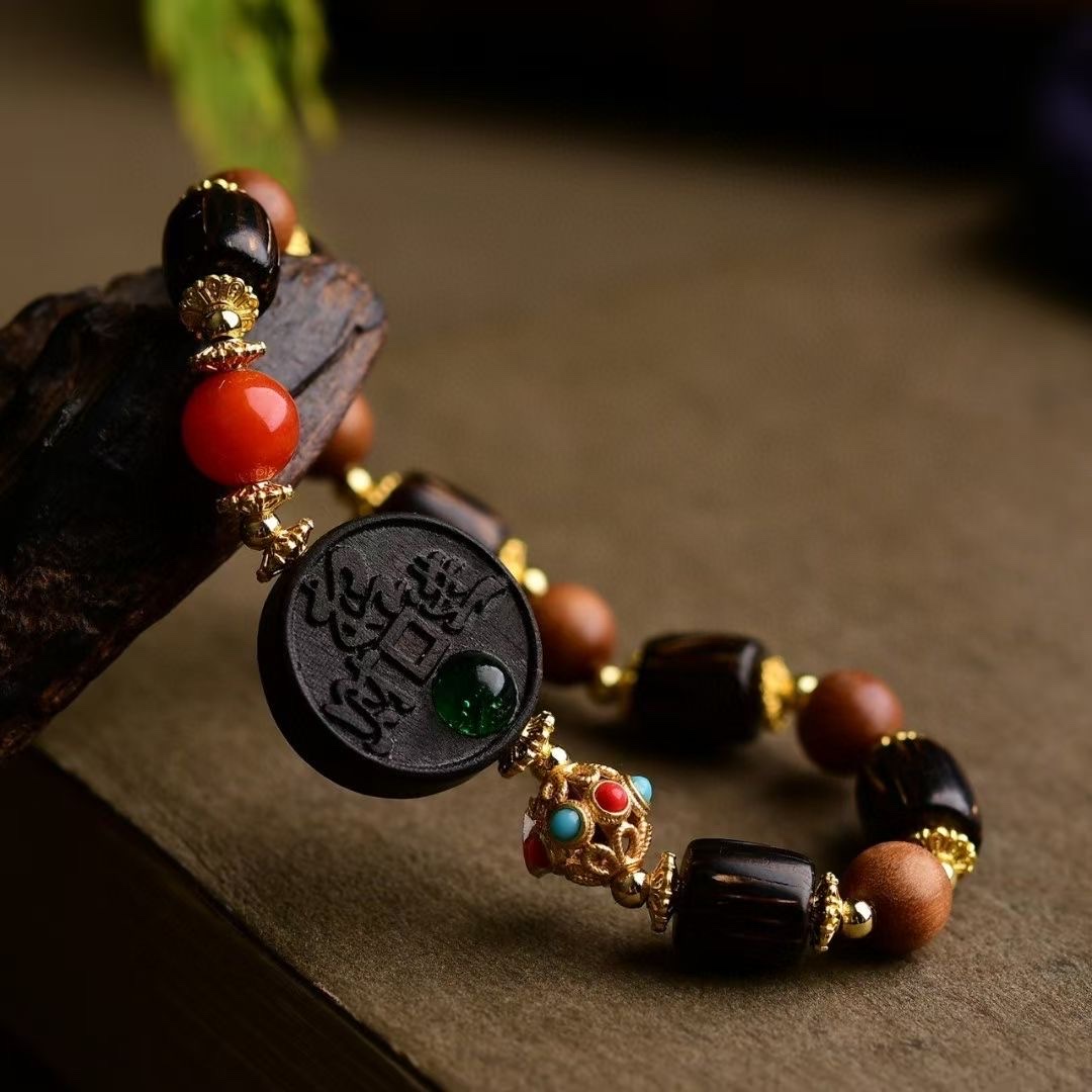 新款原创手串，8mm芭比檀搭配金星沉通知，沉香木雕刻 多样性手串手链 古风木质手链