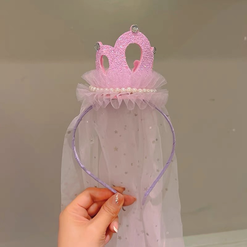 Children's crown mesh hair band, girls' bow headband, new little girl hair clip, birthday princess hair accessory, veil Specification image
