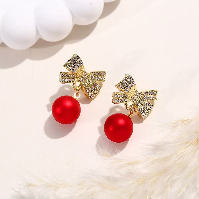 New trendy and fashionable red bow pearl earrings, versatile stud earrings detail image 3