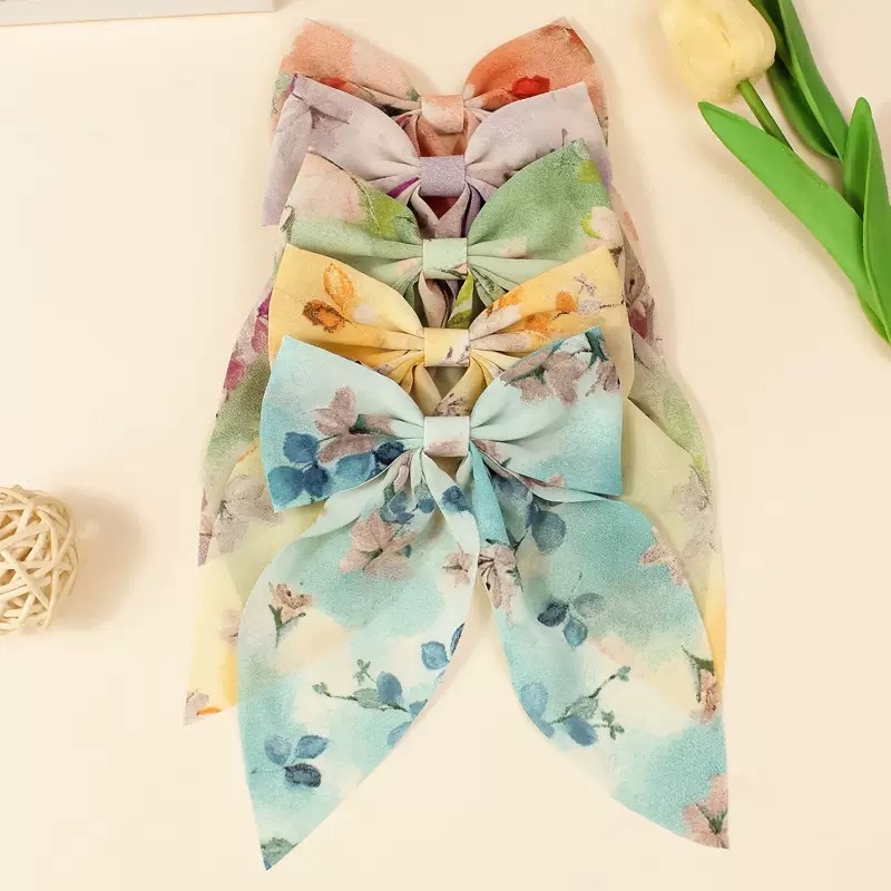 外贸碎花布料蝴蝶结发夹春夏飘角可爱发饰新款印花后脑勺手工发卡蝴蝶结发夹