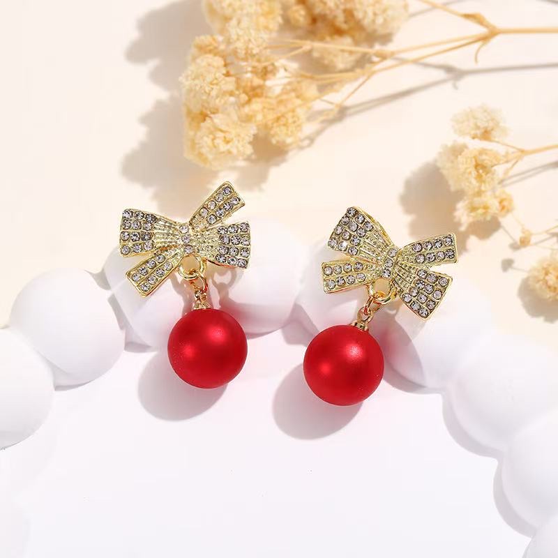 New trendy and fashionable red bow pearl earrings, versatile stud earrings