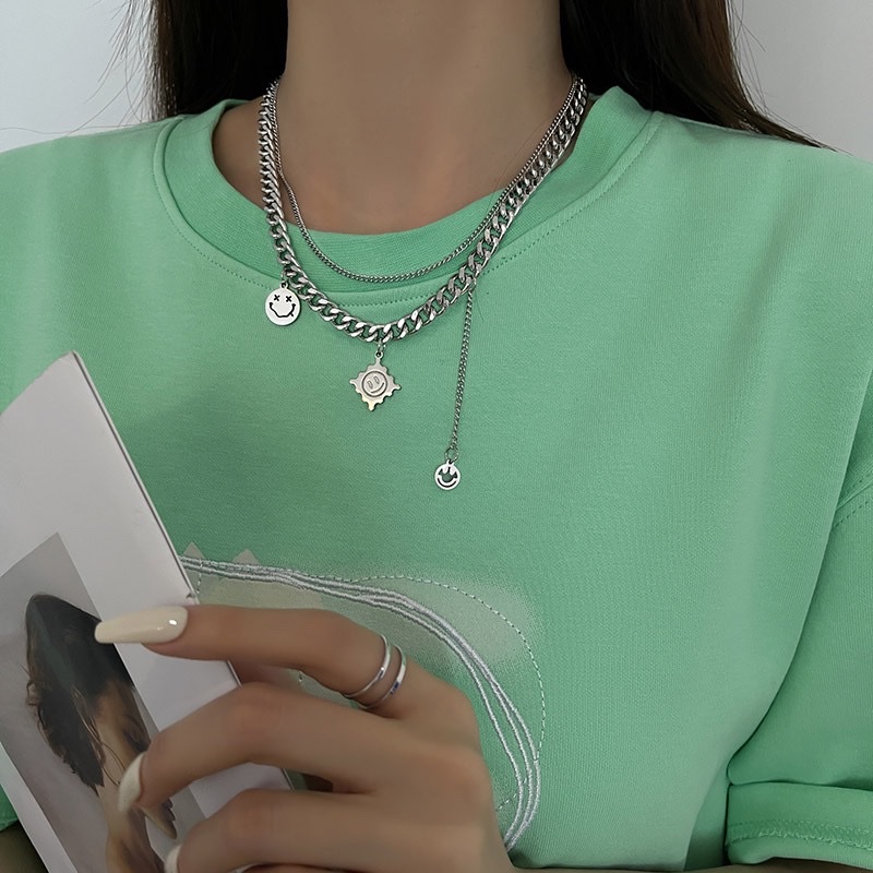 European and American trend Cuban double-layer smiling titanium steel hip-hop necklace sweater windbreaker new accessory collarbone chain Item Picture