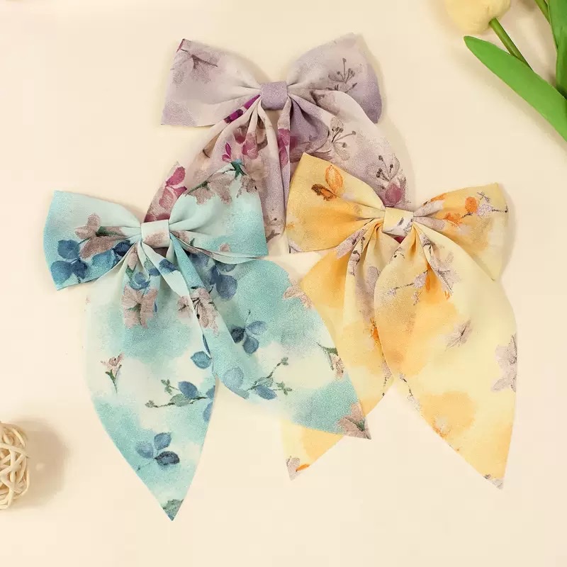 外贸碎花布料蝴蝶结发夹春夏飘角可爱发饰新款印花后脑勺手工发卡蝴蝶结发夹细节图