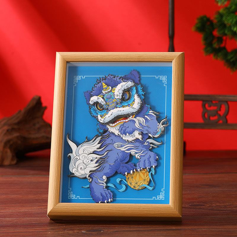 8寸国潮中国风醒狮貔貅diy剪纸画摆件3D立体相框摆台批发产品图