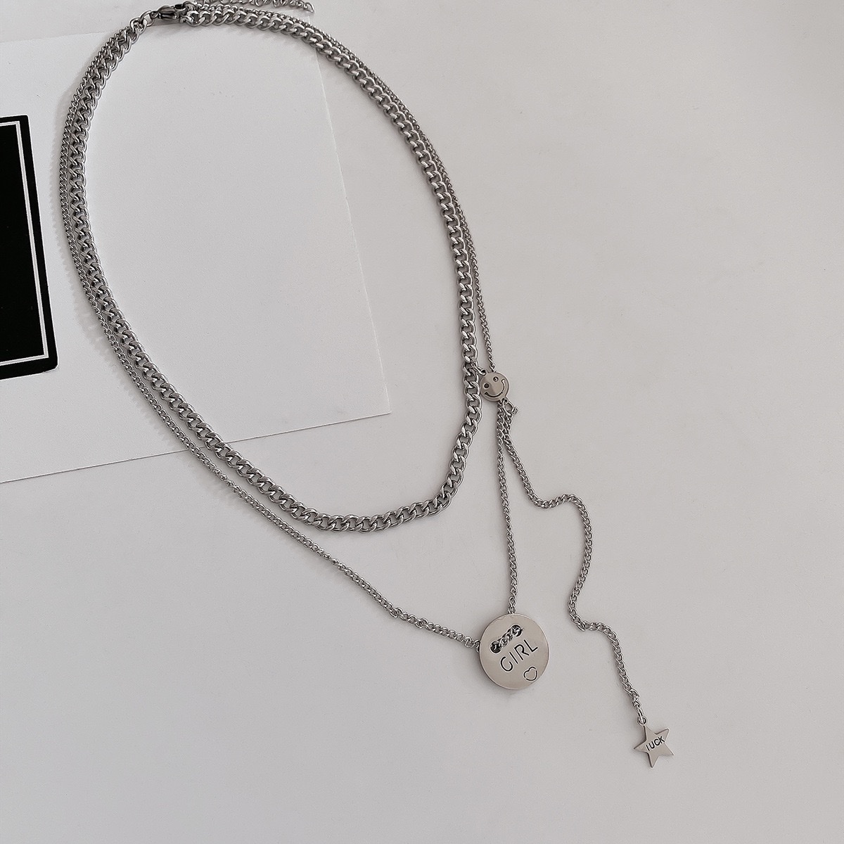 Cold talk style double-layer spliced and stacked letter titanium steel necklace for women, European and American style, versatile and non-fading collarbone chain hip-hop necklace detail image 2