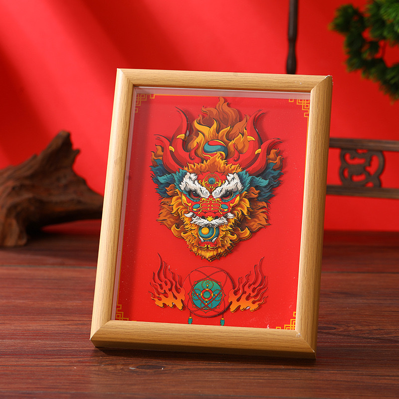 8寸国潮中国风醒狮貔貅diy剪纸画摆件3D立体相框摆台批发详情图3