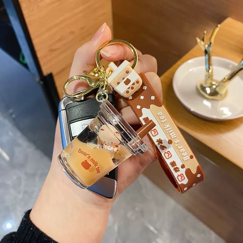 New bubble milk tea keychain, floating little milk bear, liquid sand bottle pendant, couple gift, bag hanging decoration, women's keychain, keychain sand bottle Specification image