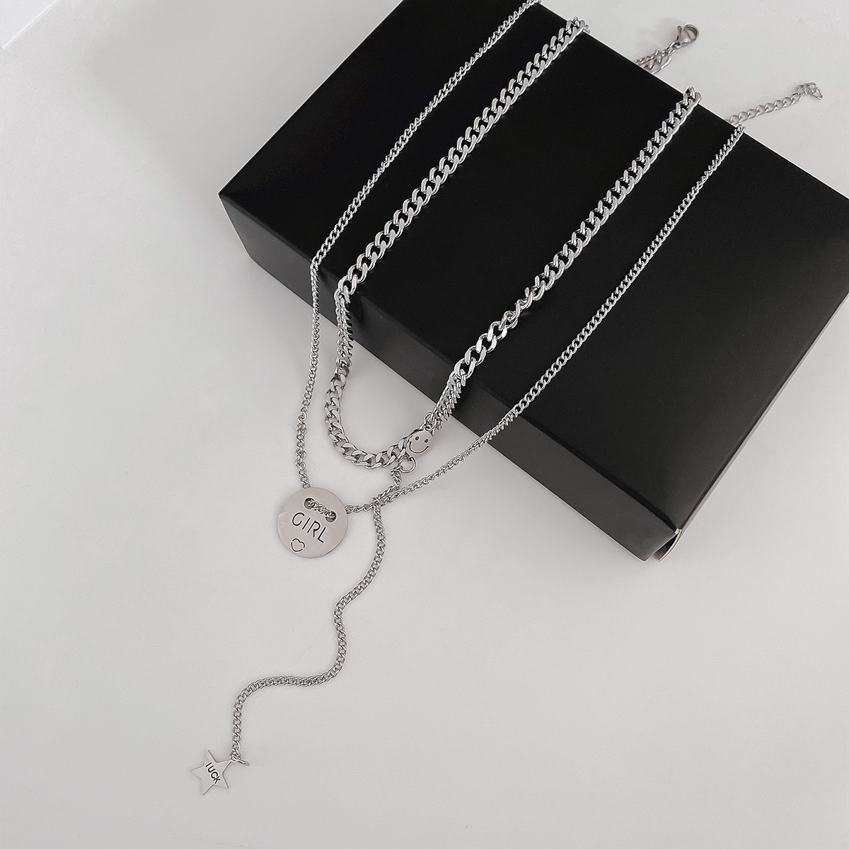 Cold talk style double-layer spliced and stacked letter titanium steel necklace for women, European and American style, versatile and non-fading collarbone chain hip-hop necklace detail image 5