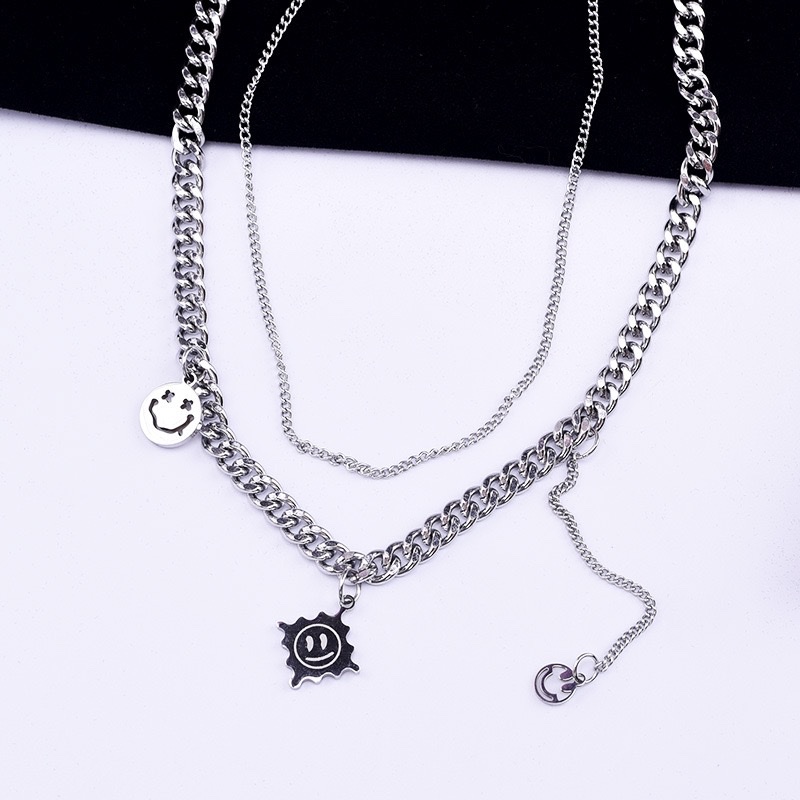 European and American trend Cuban double-layer smiling titanium steel hip-hop necklace sweater windbreaker new accessory collarbone chain detail image 4