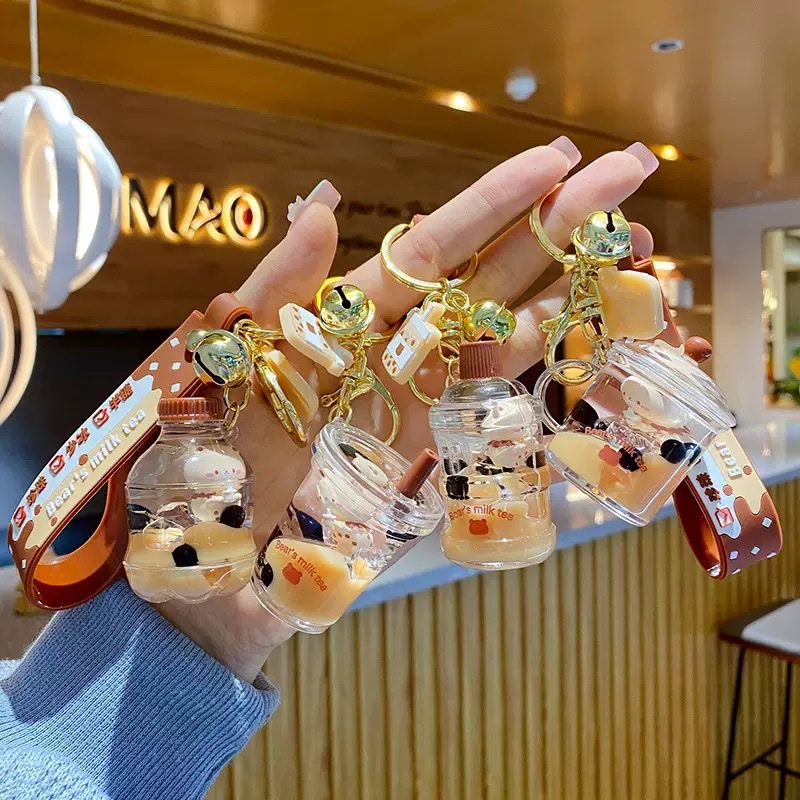New bubble milk tea keychain, floating little milk bear, liquid sand bottle pendant, couple gift, bag hanging decoration, women's keychain, keychain sand bottle details Picture