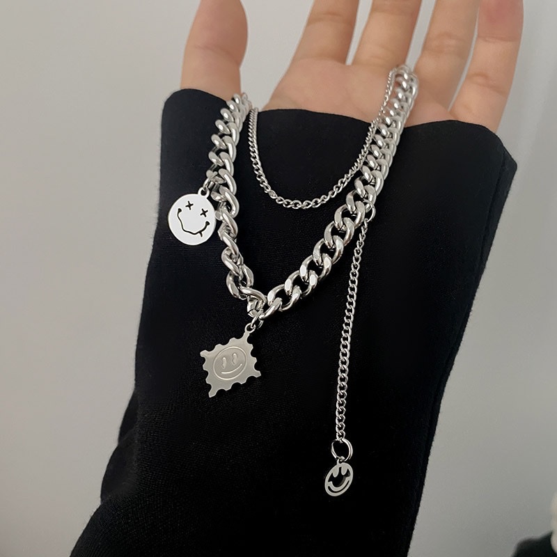 European and American trend Cuban double-layer smiling titanium steel hip-hop necklace sweater windbreaker new accessory collarbone chain detail image 6