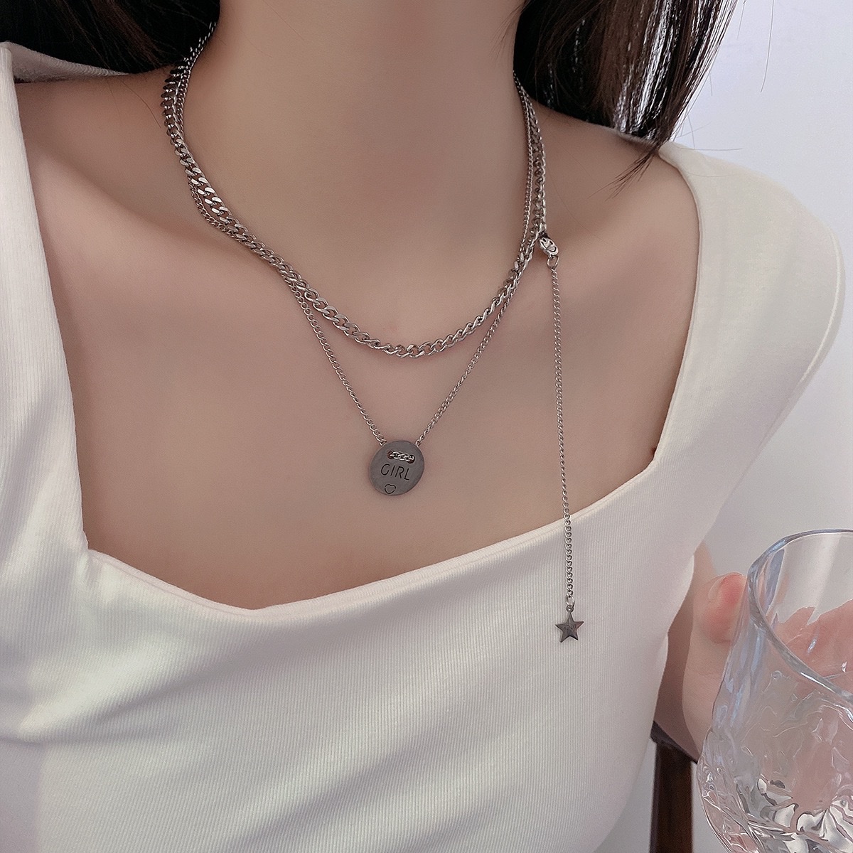 Cold talk style double-layer spliced and stacked letter titanium steel necklace for women, European and American style, versatile and non-fading collarbone chain hip-hop necklace detail image 4