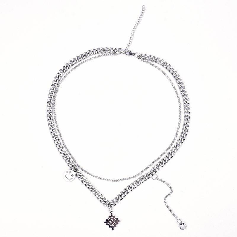 European and American trend Cuban double-layer smiling titanium steel hip-hop necklace sweater windbreaker new accessory collarbone chain detail image 3