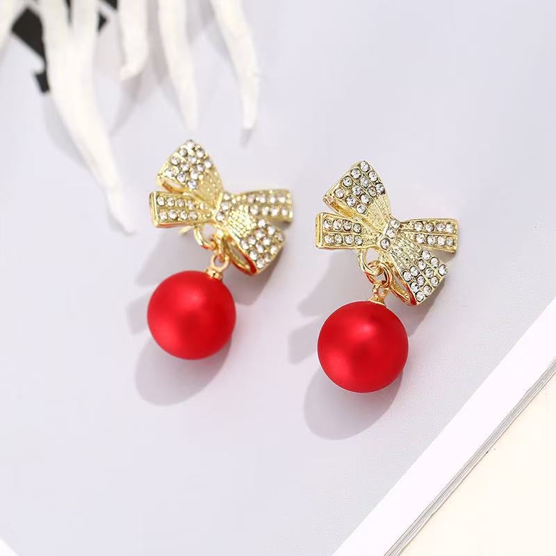 New trendy and fashionable red bow pearl earrings, versatile stud earrings Specification image