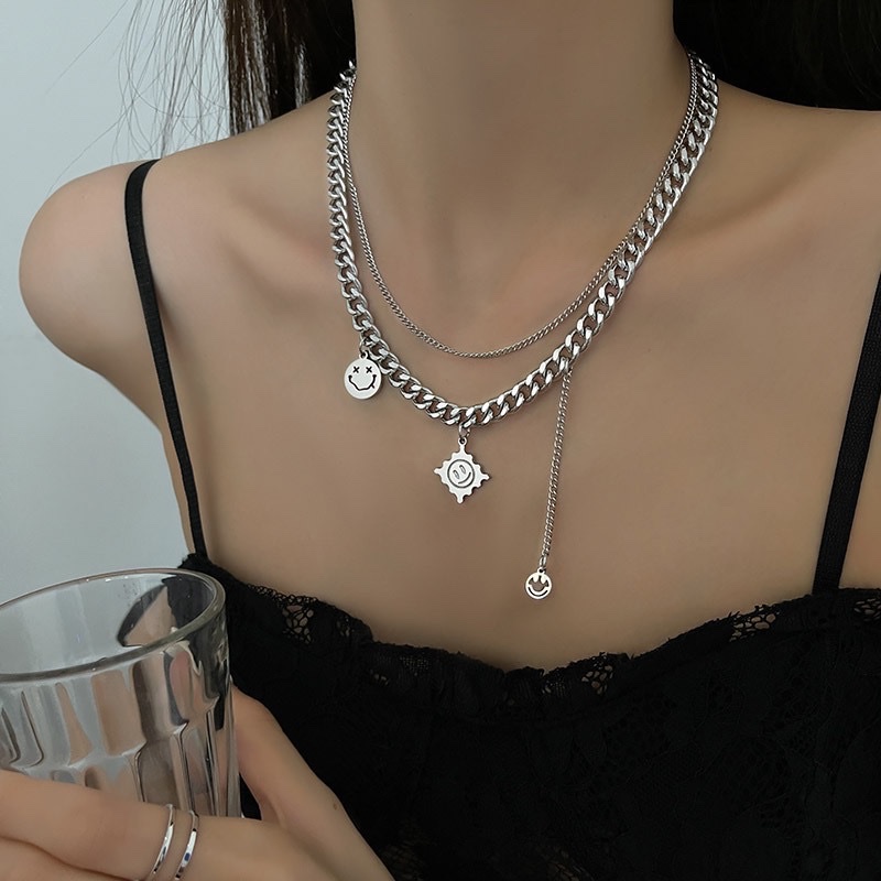 European and American trend Cuban double-layer smiling titanium steel hip-hop necklace sweater windbreaker new accessory collarbone chain detail image 1