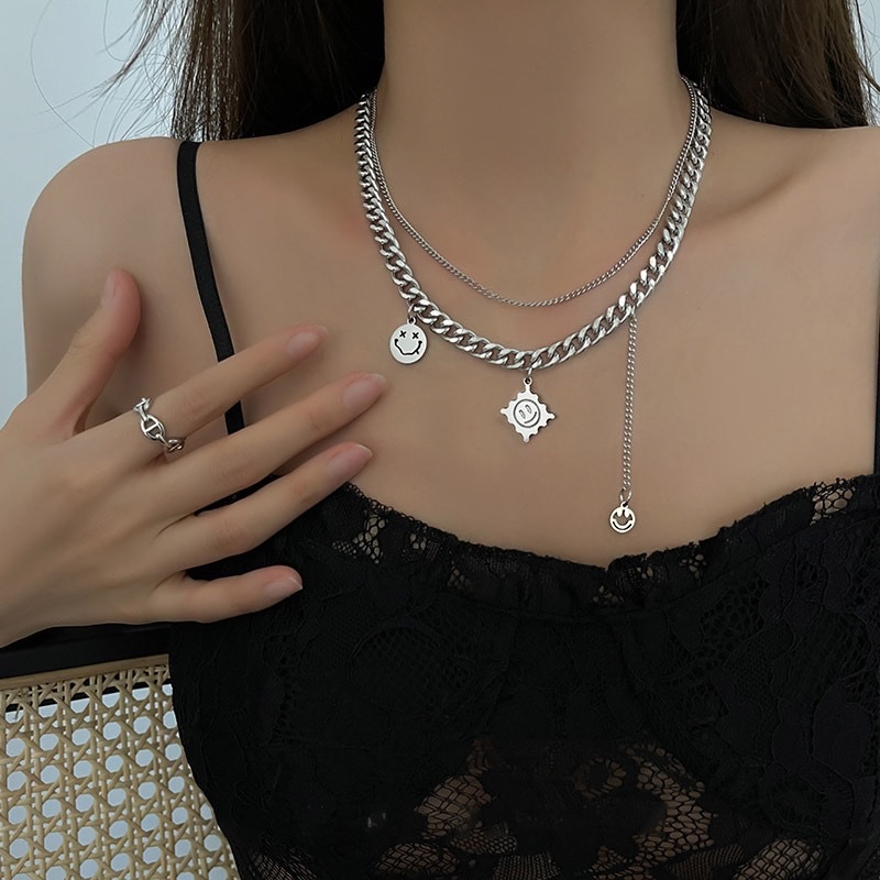 European and American trend Cuban double-layer smiling titanium steel hip-hop necklace sweater windbreaker new accessory collarbone chain details Picture