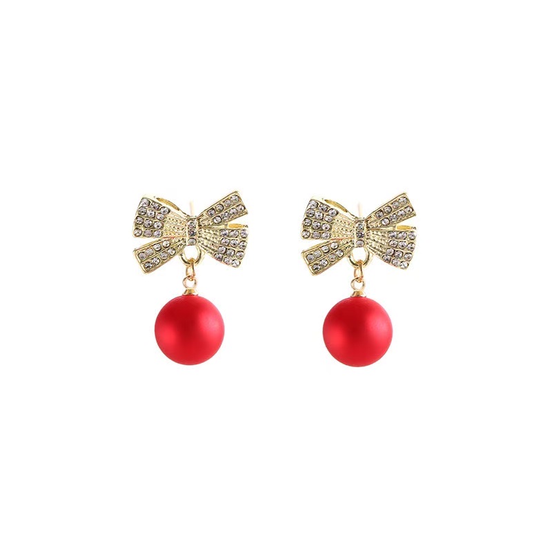 New trendy and fashionable red bow pearl earrings, versatile stud earrings detail image 4