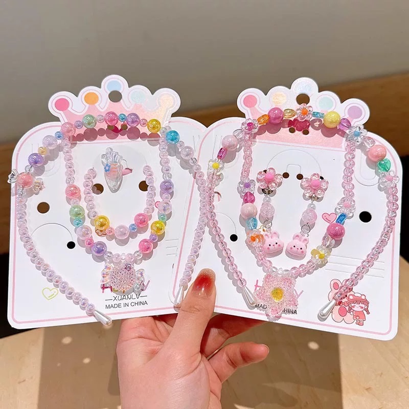 New cross-border children's necklace jewelry set, colorful beaded bracelet, cartoon headband, earrings, princess and girl accessories detail image 2