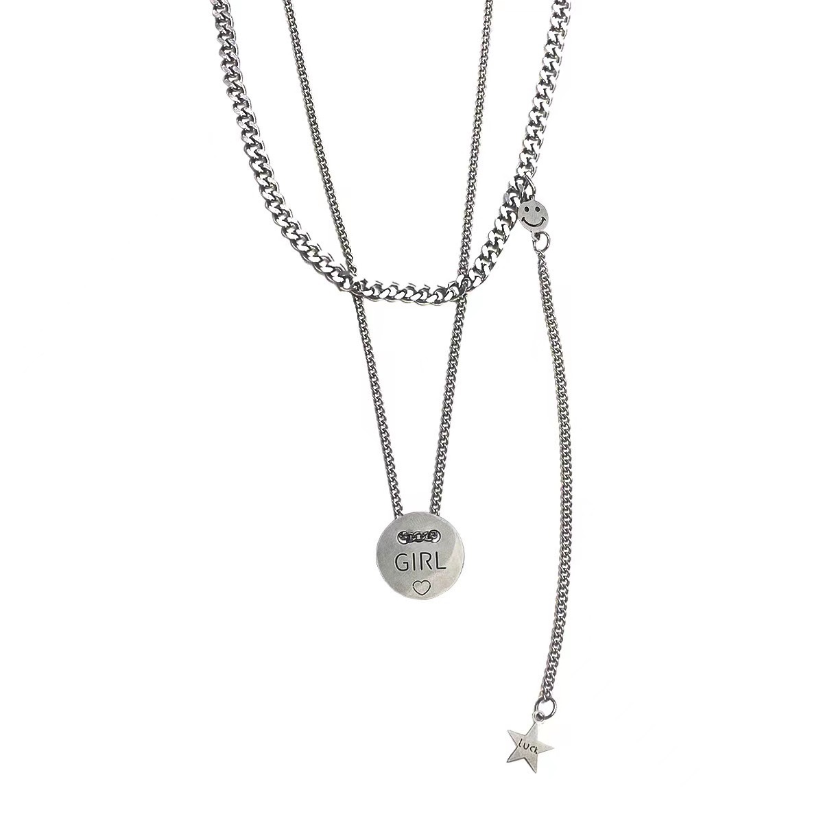 Cold talk style double-layer spliced and stacked letter titanium steel necklace for women, European and American style, versatile and non-fading collarbone chain hip-hop necklace detail image 3
