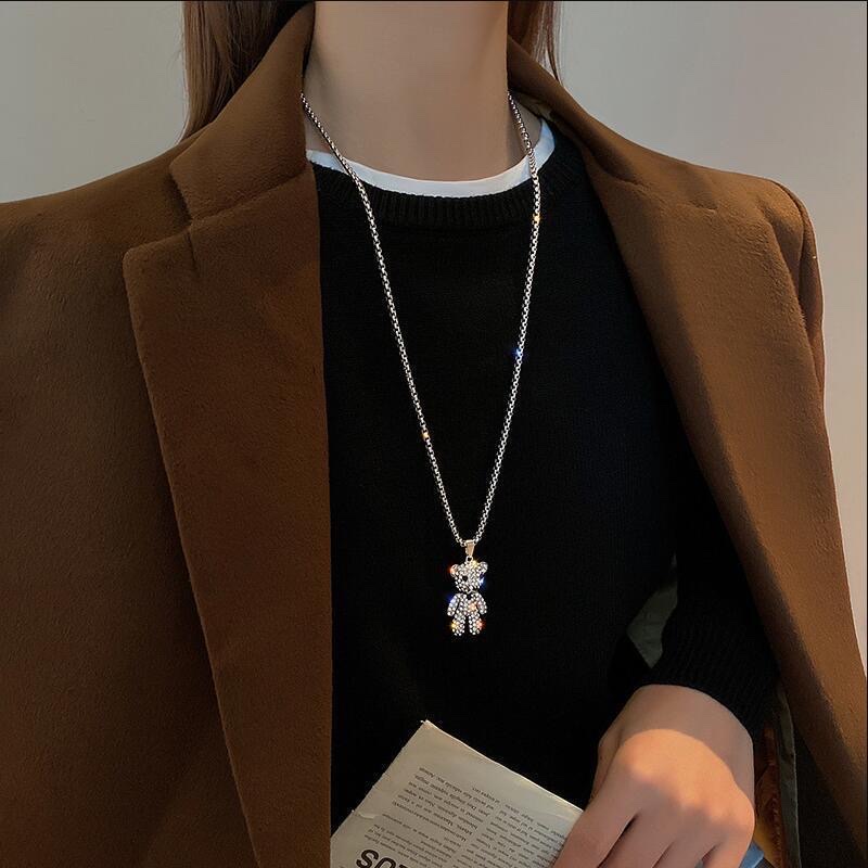 Cool hip-hop full diamond bear necklace for women, long design sense, unique pendant, niche, versatile, sweet and elegant necklace detail image 7