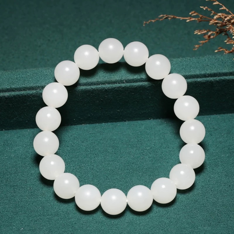 Hetian jade, Qinghai Laokeng material white jade bracelet for women, 10mm round beads, Hetian white jade beads, delicate, warm, simple and plain string, excellent gift string