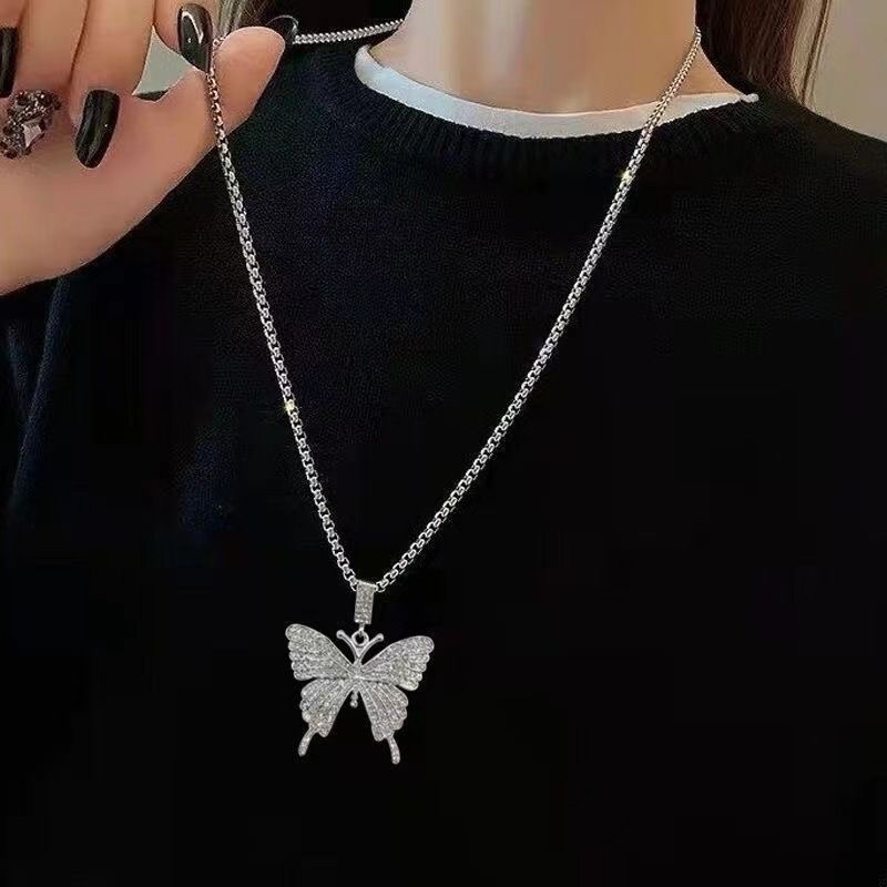 Titanium steel necklace 2024 Butterfly pendant necklace, full diamonds, slightly set diamonds, fashionable long sweater chain, light luxury, ins titanium steel necklace 2024 butterfly pendant necklace, full diamonds, slightly set diamonds, fashionable long style Specification image